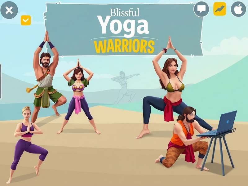 Blissful Yoga Warriors game characters in various yoga poses