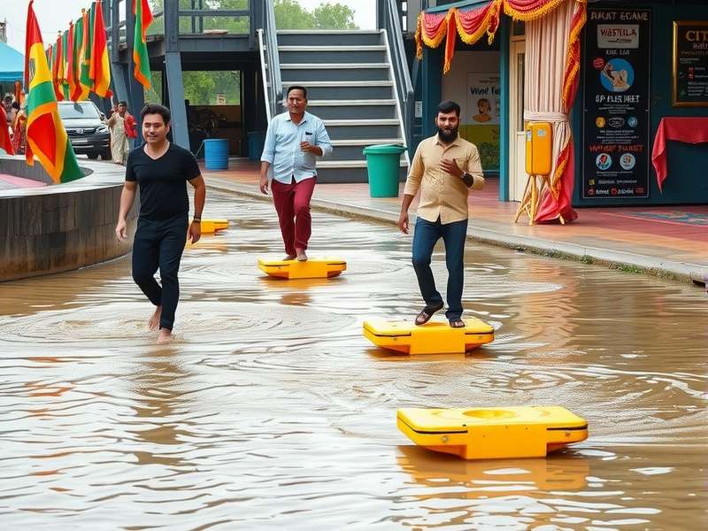 Waterlogged Walker game in action showing participants navigating water obstacles