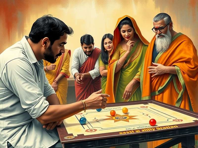 Carrom board with pieces arranged for play