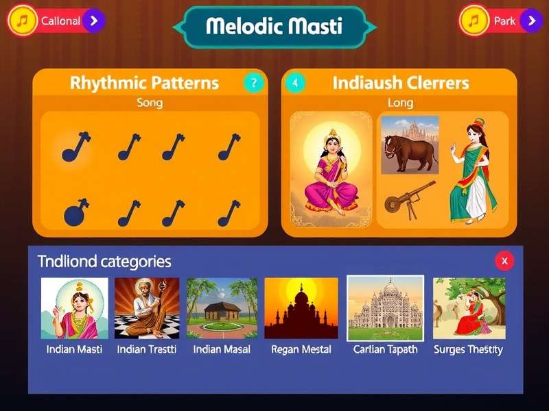 Melodic Masti song selection screen showing various Indian music categories