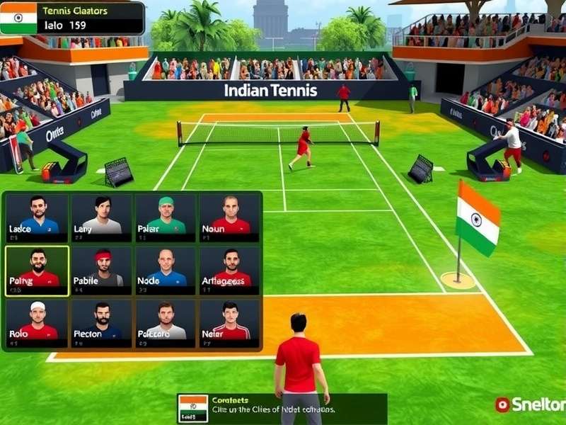 Indian Tennis Gladiators Gameplay Indian Tennis Gladiators gameplay screenshot showing virtual tennis court with Indian-themed design elements