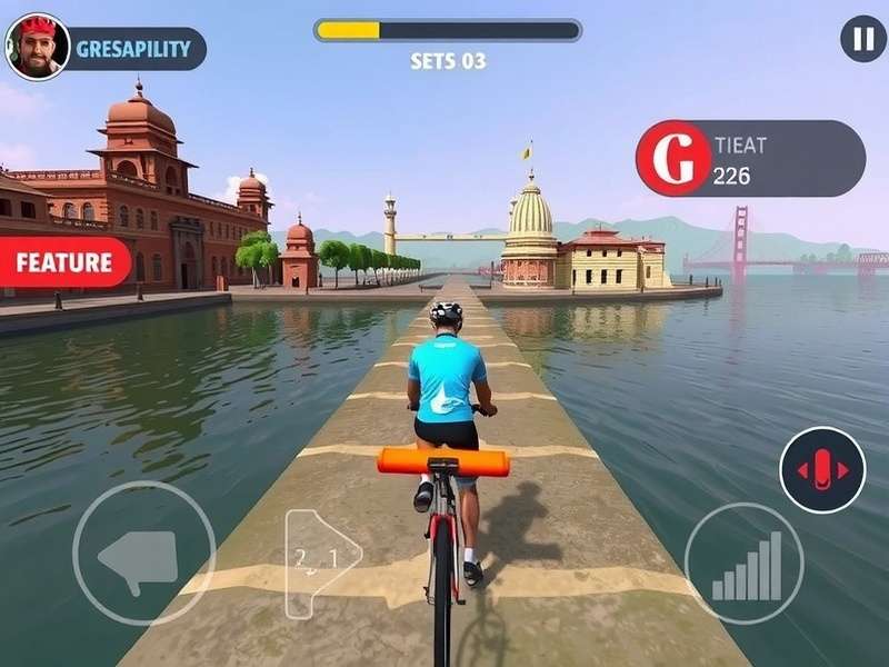 Ganges Cycling Glory gameplay screenshot showing cyclist on river path