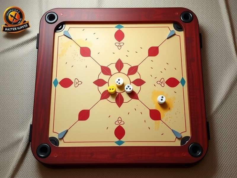 Carrom pieces and striker arranged for gameplay