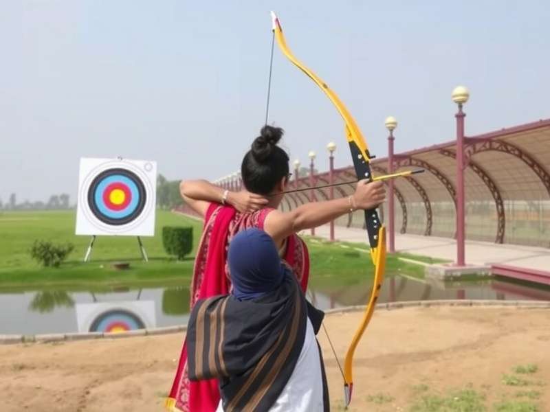 Traditional Indian archery demonstration showing participant aiming at target