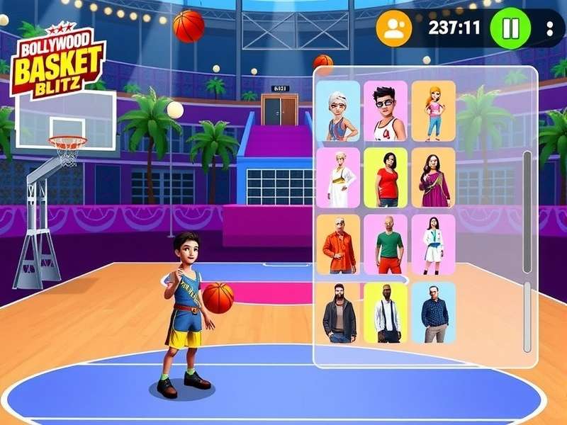 Bollywood Basket Blitz gameplay screenshot showing colorful basketball court