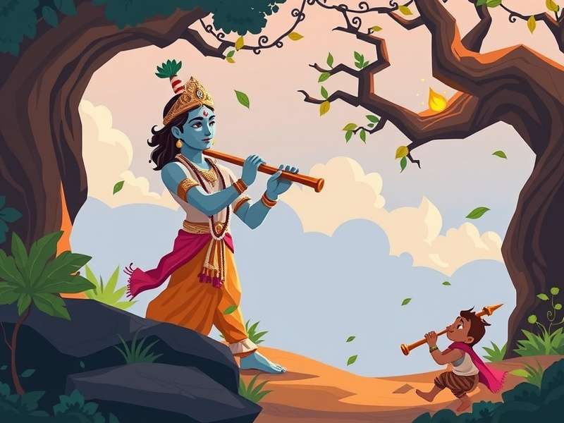 Krishna S Flute gameplay showing Lord Krishna playing flute in Vrindavan
